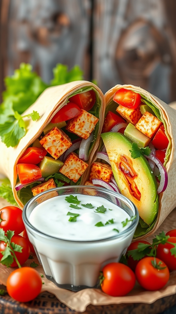 A spicy buffalo tofu wrap filled with colorful vegetables and served with ranch dressing, on a rustic table.